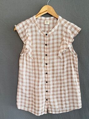 GOOD HART by Matilda Jane Womens Small Tan & White Gingham Ruffle Sleeve Top